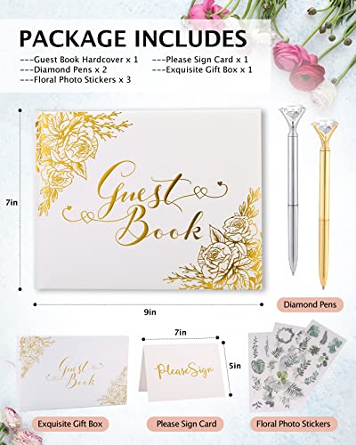 Wedding Guest Book, Guest Book Wedding Reception with Pens, 9x7'' | Personalized Wedding Guestbook Photo Album Sign in Book, Gold Foil Hardcover & Gilded Edges, For Weddings Baby Shower Party - color: White