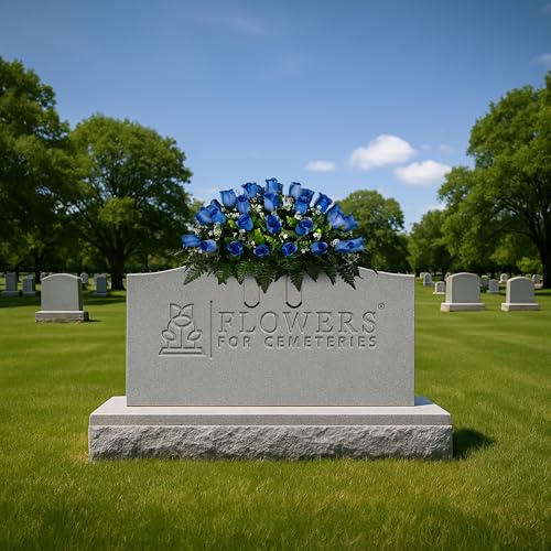 30" Headstone Flower Saddle Artificial Cemetery Flowers - Gravesite Flowers - Blue Roses - color: Blue Roses, size: (1) Saddle