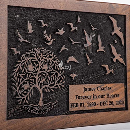 Personalized Urn for Human Ashes, Engraved Tree and Birds, Small | Hand-carved solid sheesham rosewood, screw-locked sliding base, engraving available, holds up to 40 lb - color: Engraved Tree With Birds, size: Small (40 lb)