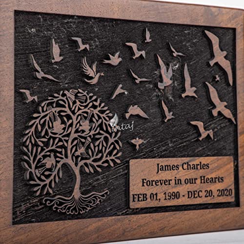 Personalized Urn for Human Ashes, Engraved Tree and Birds, Medium | Hand-carved solid sheesham rosewood, screw-locked sliding base, engraving available, holds up to 110 lb - color: Engraved Tree With Birds, size: Medium (110 lb)