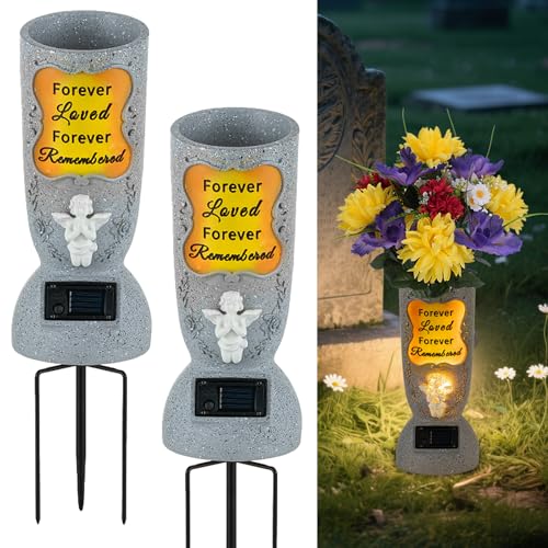 Solar Cemetery Vases for Grave with Spikes: 2 Pcs, LED Angel | with Lights, Durable, Fake Silk Cemetery Flowers Holder for Headstones, Outdoor Grave Decorations for Fall, Christmas - style: 2-Pack Angel