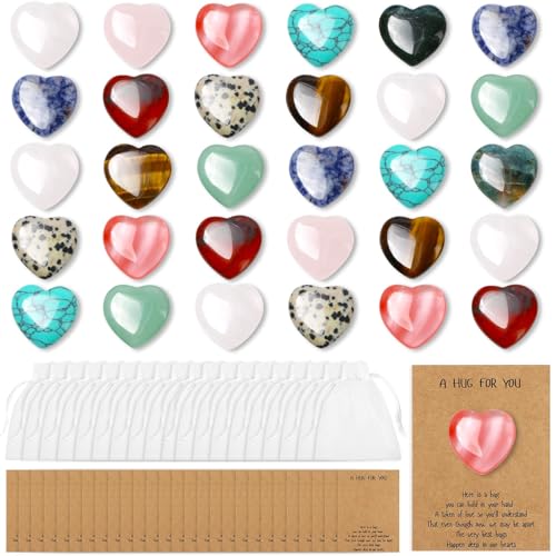 30 Pcs Heart Shaped Rocks with Hug Cards Set, 0.8" Polished Natural Stones