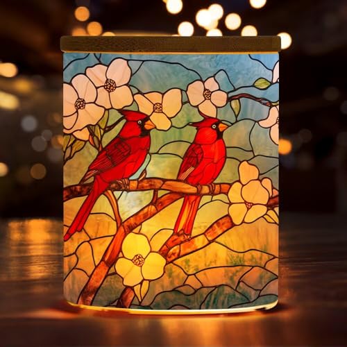Stained Glass Cardinal Bird Tea Light Holders Jar,Battery Operated Floral Tealight Candle Holders with Bamboo Lid,Inspiration Home Decoration - color: Cardinal Bird