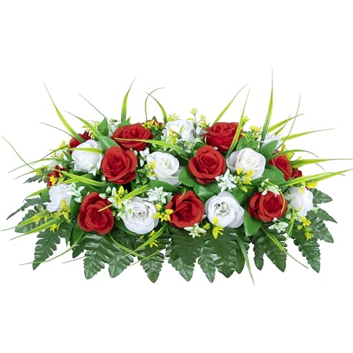 DONODA Cemetery Tombstone Flower Saddle - Outdoor Grave Decorations - Non-Bleed Colors, Rose Combination Flower (Red and White Saddle) - color: Red and White Saddle