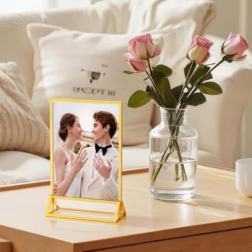 PPH-Sisy 4x6 Acrylic Sign Holder, 6 Pack Gold Picture Frame Double-Sided Clear Acrylic Sign Holder Flyer Menu Holder, Wedding Table Number Stands, Photo Frames for Office Home Event - color: Gold, size: 4x6-6 Pack