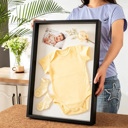 16x20 Large Shadow Box Frame with Thickened Acrylic Panel & Pins | With Push Pins, Deep 1.7" Black Shadow Box Display Case – Display on Tabletop or Wall for Jersey, T-shirt, Keepsake, Wedding - color: Black+high Definition Panel + Shatter-proof Packaging,