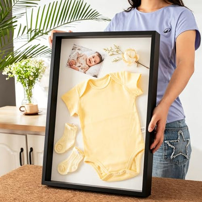 16x20 Large Shadow Box Frame with Thickened Acrylic Panel & Pins | With Push Pins, Deep 1.7" Black Shadow Box Display Case – Display on Tabletop or Wall for Jersey, T-shirt, Keepsake, Wedding - color: Black+high Definition Panel + Shatter-proof Packaging,