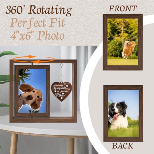 Pet Memorial Frames Forever in My Heart Pet Frame Wooden Rotating 4x6 Picture Gifts with Heart Charm No Longer by My Side But Forever in My Heart Dog Sympathy Remembrance Bereavement Gift