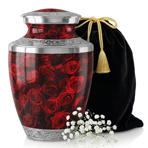 Red Rose Cremation Urn for Human Ashes Adult – Large Decorative Burial Urn for Men & Women – Floral Memorial Keepsake Funeral Urns for Human Ashes for Home Display or Cemetery Burial Aluminum - size: Large Adult