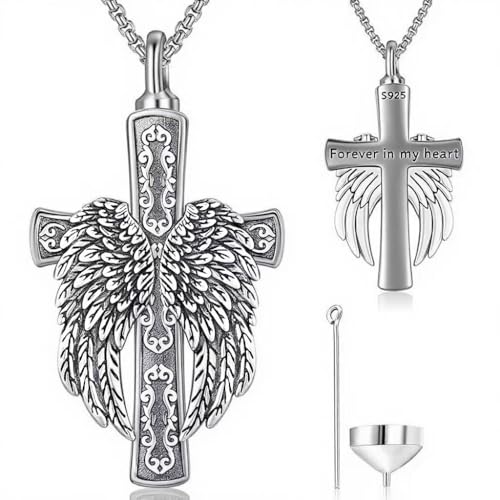 Aniu S925 Sterling Silver Urn Necklace Cremation Jewelry for Ashes - color: Cross Angel Wing-C