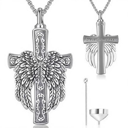 Aniu S925 Sterling Silver Urn Necklace Cremation Jewelry for Ashes - color: Cross Angel Wing-C