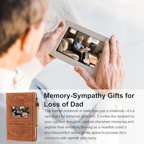 Letters to My Dad in Heaven, Sympathy Memorial Gifts-Leather Grief Journal A5 Notebook and Angel Pocket Hug Keychain, Travel Photo Journal With Pen - color: Dad
