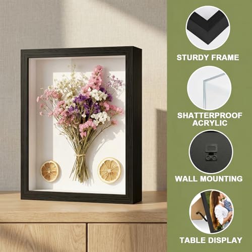 Black Shadow Box Frame, 1.2 Inch Deep MDF Wood Shadow Box with Acrylic (Not Glass), Wall Mount & Tabletop Display Case for Photos Dried Flowers Medals Memorial Keepsakes Crafts (Black, A4) - size: A4