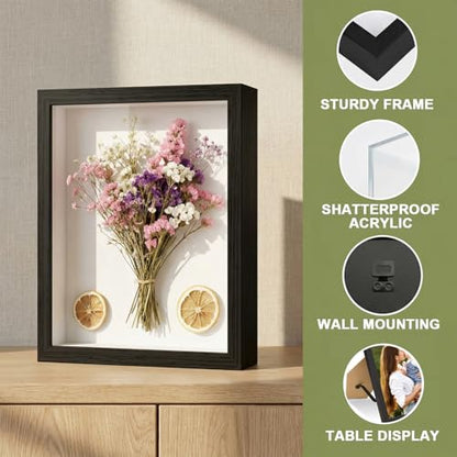 Black Shadow Box Frame, 1.2 Inch Deep MDF Wood Shadow Box with Acrylic (Not Glass), Wall Mount & Tabletop Display Case for Photos Dried Flowers Medals Memorial Keepsakes Crafts (Black, A4) - size: A4