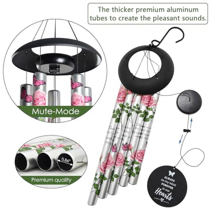 Memorial Wind Chimes for Loss of Loved One - Pink Rose Wind Chimes for Outside, Sympathy Gifts for Remembrance of Mother and Father,Windchimes in Memory of Loved One