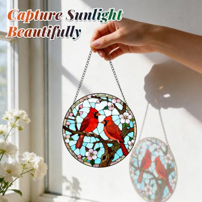 Cardinal Pair Stained Glass Suncatcher Window Hanging Bird Memorial Gift - color: Cardinals, size: 7.8x7.8 IN