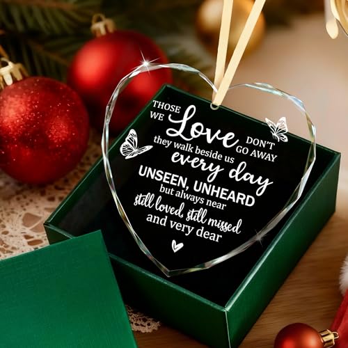 Sympathy Gifts for Loss of Loved One, Memorial Heart Glass Christmas Ornament In Loving Memory of Mom Mother, Bereavement Remembrance Condolence Comfort Gift Keepsake - Those Who We Love Don't Go Away - style: Heart-Love