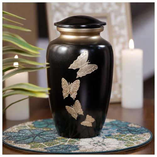 Cremation Urn for Human Ashes Adult Male/Female, 200 Cubic Inch Funeral Urn for Ashes, Decorative Metal Burial Urn with Secure Screw Lid & Velvet Bag, Butterfly Design, Midnight Black Gold - color: Midnight Black Gold, size: Butterfly 10 x 6.5