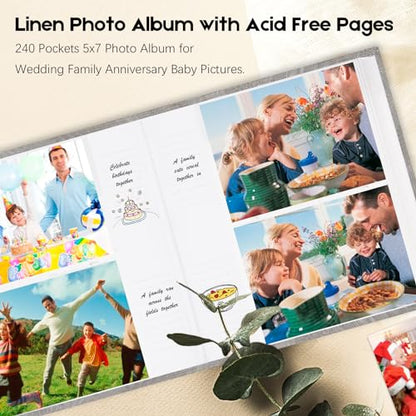 Aevdor 5x7 Photo Album, 240 Photos, Writing Space, Linen Cover, Grey - color: Grey
