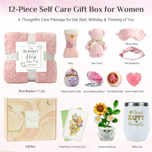Hug in a Box Gifts for Women, 12-Piece Self Care Gift Package Spa Set | 12-piece birthday, get well soon, thinking of you, sympathy, relaxation spa gift basket for mom, friend, sister