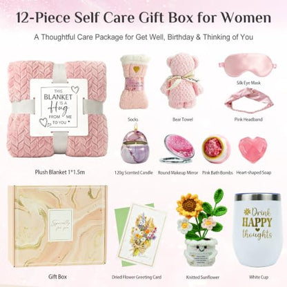 Hug in a Box Gifts for Women, 12-Piece Self Care Gift Package Spa Set | 12-piece birthday, get well soon, thinking of you, sympathy, relaxation spa gift basket for mom, friend, sister