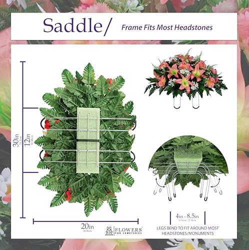 Sympathy Silks 30" Headstone Flower Saddle Artificial Cemetery Flowers - Gravesite Flowers - Peach Lily and Carnation with White Daisies - color: Peach, size: Saddle