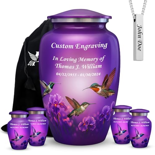 Set of 6 Hummingbird Custom Engraved Decorative Funeral Urns for Ashes Adult Male & Female Includes 1 Large Urn with 4 Small Keepsakes & 1 Silver NecklaceUrn - color: Hummingbird - Custom