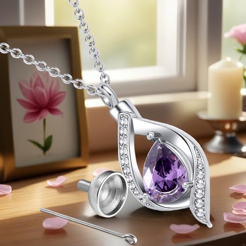 Teardop Cremation Jewelry Urn Necklace for Human Pet Ashes CZ Heart Stainless Steel Urn Pendant Memorial Jewelry Sympathy Gift - color: purple