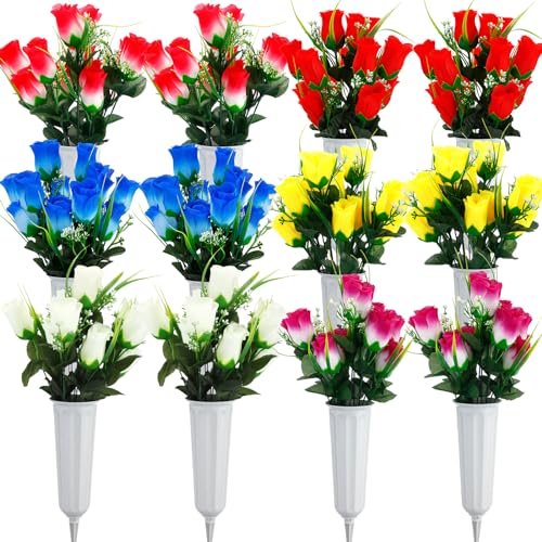 Tigeen 12 Sets Memorial Day Cemetery Flowers Bulk with Grave Vase 24 Bunches Artificial Memorial Flowers for Grave 168 Heads Silk Roses Flower Bouquets for Graveside Tombstone Headstone