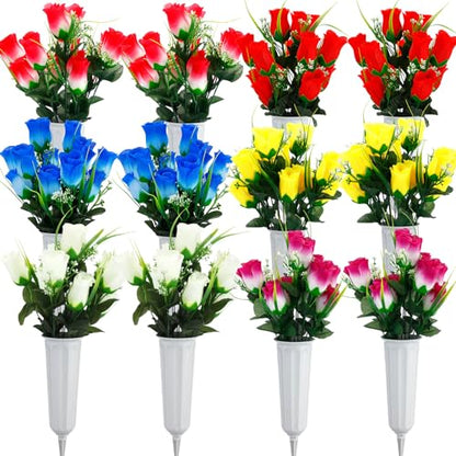 Tigeen 12 Sets Memorial Day Cemetery Flowers Bulk with Grave Vase 24 Bunches Artificial Memorial Flowers for Grave 168 Heads Silk Roses Flower Bouquets for Graveside Tombstone Headstone