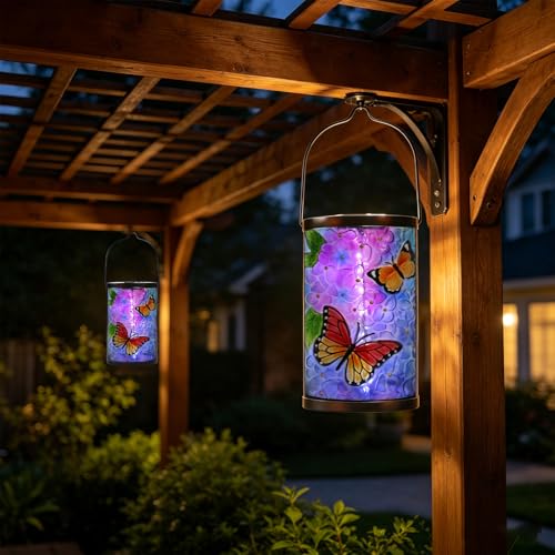 MUMTOP Butterfly Solar Lantern, Hanging Glass Outdoor Garden Light - color: Periwinkle Blue