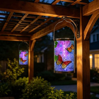 MUMTOP Butterfly Solar Lantern, Hanging Glass Outdoor Garden Light - color: Periwinkle Blue
