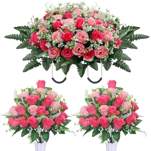 3pcs Headstone Flowers Saddle for Tombstone,Cemetery Flower Memorial Bouquet with Vase,Rose Headstone Flowers Saddle (Pink) - color: Pink