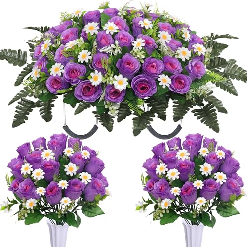 Lodou 3 Pcs Artificial Cemetery Flowers for Graves – Memorial Flower Saddle & 2 Rose Bouquets with Vase,Cemetery Saddle Flowers for Headstone, Elegant Grave Decor for Headstones (Purple) - color: Purple