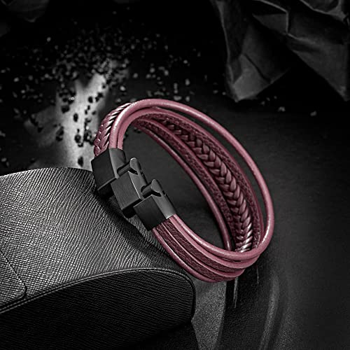 Mens Leather Bracelet with Clasp Cowhide Multi-Layer Braided Leather Mens Bracelet - style: Wine Red&Black Clasp 8.5