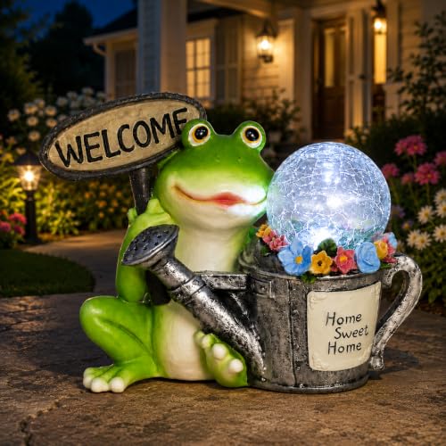 Garden Outdoor Statues, Resin Frog Solar Lights with Glowing Watering Can | Cute Solar Frog Statue with Crackled Glass Globe and Welcome Sign for Garden, Lawn, Patio,Yard Decoration and Gardening Gifts - color: Welcome Frog