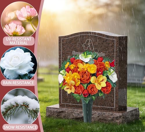 Artificial Cemetery Flowers,Memorial Flowers,Beautiful Arrangements for Headstones,Silk Rose Daisy Cymbidium Spathiphyllum