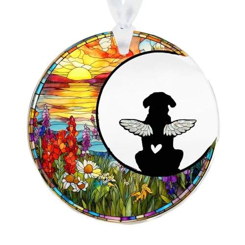 Dog Memorial Stained Glass Suncatcher, 3 Inch Pet Loss Sympathy Gift for Loss of Dog, Rainbow Bridge Dog Memorial Window Hanging Ornament with DIY Pet Name Pen, Dog Bereavement Gift - color: Sunflower