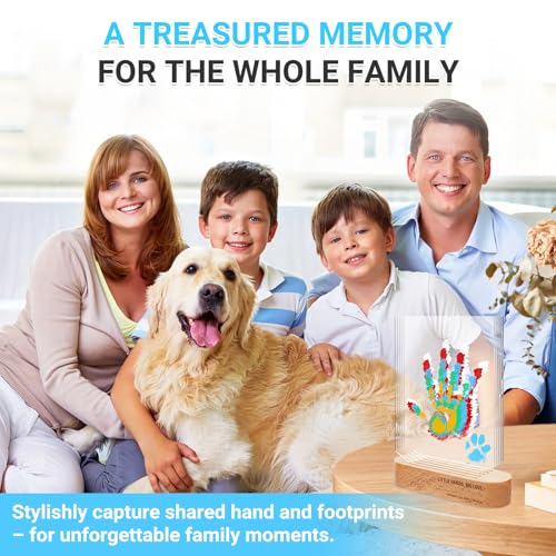 Family Handprint Kit - DIY Baby Hand and Footprint Keepsake - with Solid Wood Base, 5 Acrylic Plates & 6 Paints - Unique Keepsake For New Parents, Grandparents, Baby Shower & Pets