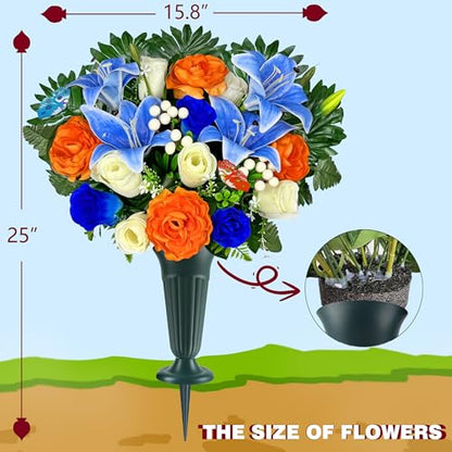 Artificial Cemetery Flowers for Grave Vase - Gravesite Flowers,Headstone Decorations with Blue Lily White Rose Mix Bouquet