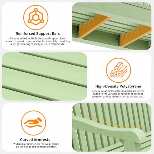 2-Person Outdoor Bench with 700 Lbs Weight Capacity, Green | Poly Lumber Weatherproof Garden Bench Seating for Porch, Balcony and Park, All-Weather Patio Bench Furniture - color: Green