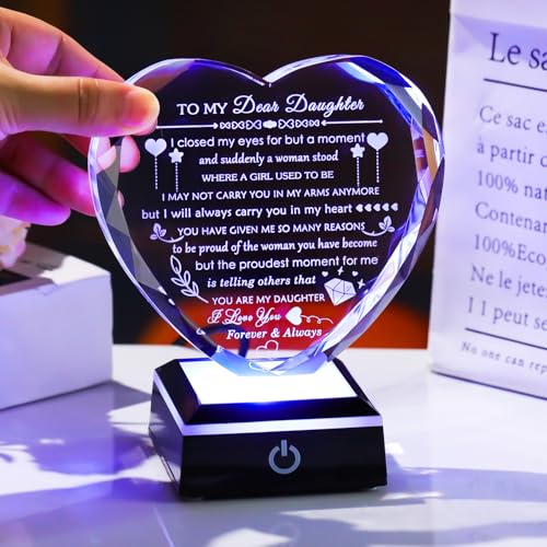 YWHL Gifts for Daughter with Colorful LED Base Best Daughter Birthday Gifts from Mom Dad Heart Crystal to My Daughter Gift on Christmas Valentines Mothers Day - color: Daughter Gifts 2+LED