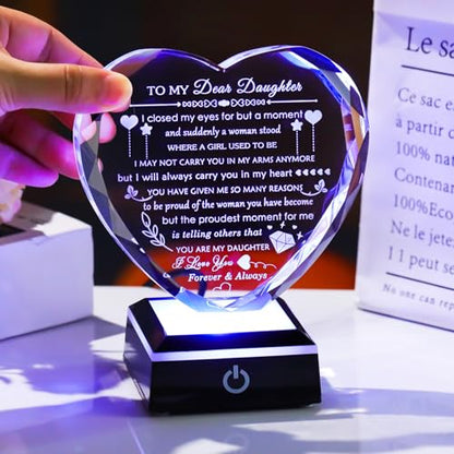 YWHL Gifts for Daughter with Colorful LED Base Best Daughter Birthday Gifts from Mom Dad Heart Crystal to My Daughter Gift on Christmas Valentines Mothers Day - color: Daughter Gifts 2+LED