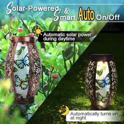 Hanging Solar Lantern Waterproof Garden Light Butterfly-New | Glass & Metal, Tabletop Light with Hollowed-Out Design for Garden Patio Table Decor, Gifts for Friends and Family - style: Butterfly-New