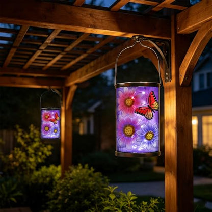 MUMTOP Butterfly Solar Lantern, Hanging Glass Outdoor Garden Light - color: Purple
