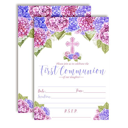 Watercolor Hydrangea Floral First Holy Communion Invitations for Girls 20 Pack 5"x7" Fill‑In Religious Party Cards with White Envelopes, Spring Floral Design by Amanda Creation - style: Hydrangea Floral