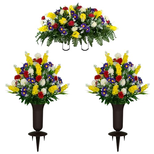 Sympathy Silks Artificial Flowers for Cemeteries - Realistic Grave Decorations - Yellow, Red, and Purple Wildflower Mix - Saddle with (2) Bouquets and (2) Vases - color: Yellow Red, size: Saddle-2 Bouquets & 2 Vases