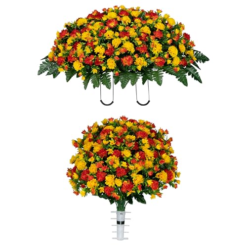Sympathy Silks Artificial Cemetery Flowers - Gravesite Memorial Arrangment - Sunset Orange Garden Mums - (1) Saddle (1) Bouquet - color: Sunset Orange, size: (1) Saddle (1) Bouquet