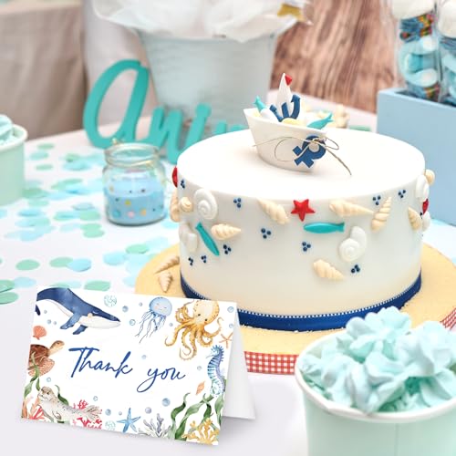 FYSUIMU 24 Pack Ocean Thank You Cards Blue Cartoon Under The Sea Note Cards with Envelopes Stickers Marine Animals Blank Greeting Card for Summer Birthday Baby Shower - style: Sea Animals