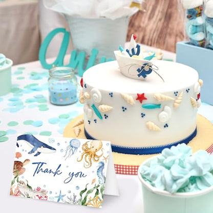 FYSUIMU 24 Pack Ocean Thank You Cards Blue Cartoon Under The Sea Note Cards with Envelopes Stickers Marine Animals Blank Greeting Card for Summer Birthday Baby Shower - style: Sea Animals
